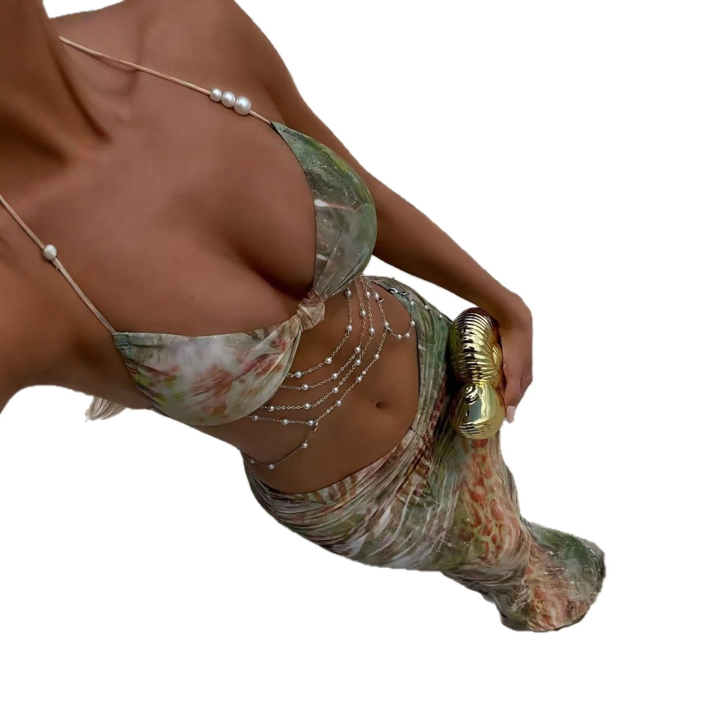 Necklace-style Beaded Halter Top Body-hugging Skirt Three-piece Set Split Bikini