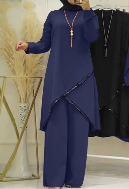 O-collar Long Sleeve Shirt Wide Leg Pants Suit Casual Women's Suit